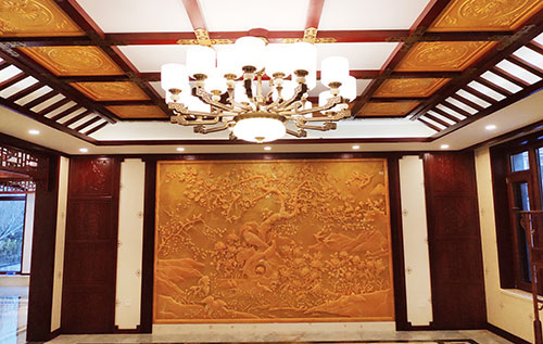 鹰潭中式别墅客厅中式木作横梁吊顶装饰展示
